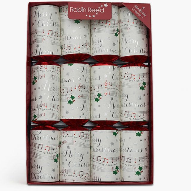 A set of Robin Reed branded musical Christmas crackers, with each cracker displaying a musical chime bar and stick, numbered badge, all presented in a red and white box.
