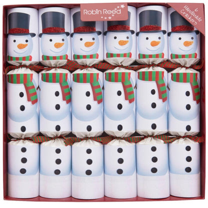 A set of six Christmas crackers with a snowman design, each wrapped in festive red and green tissue paper with a bow.
