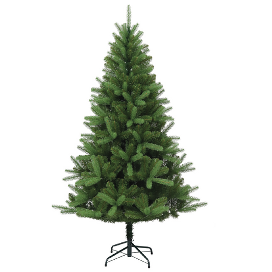 A 7-foot tall green Canterbury spruce Christmas tree with hinged branches and a metal swivel stand.