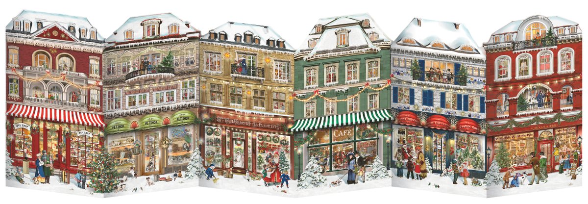 A vintage style advent calendar depicting a series of Victorian-era Christmas shops on a snow-covered street, with detailed illustrations and accordion fold design.