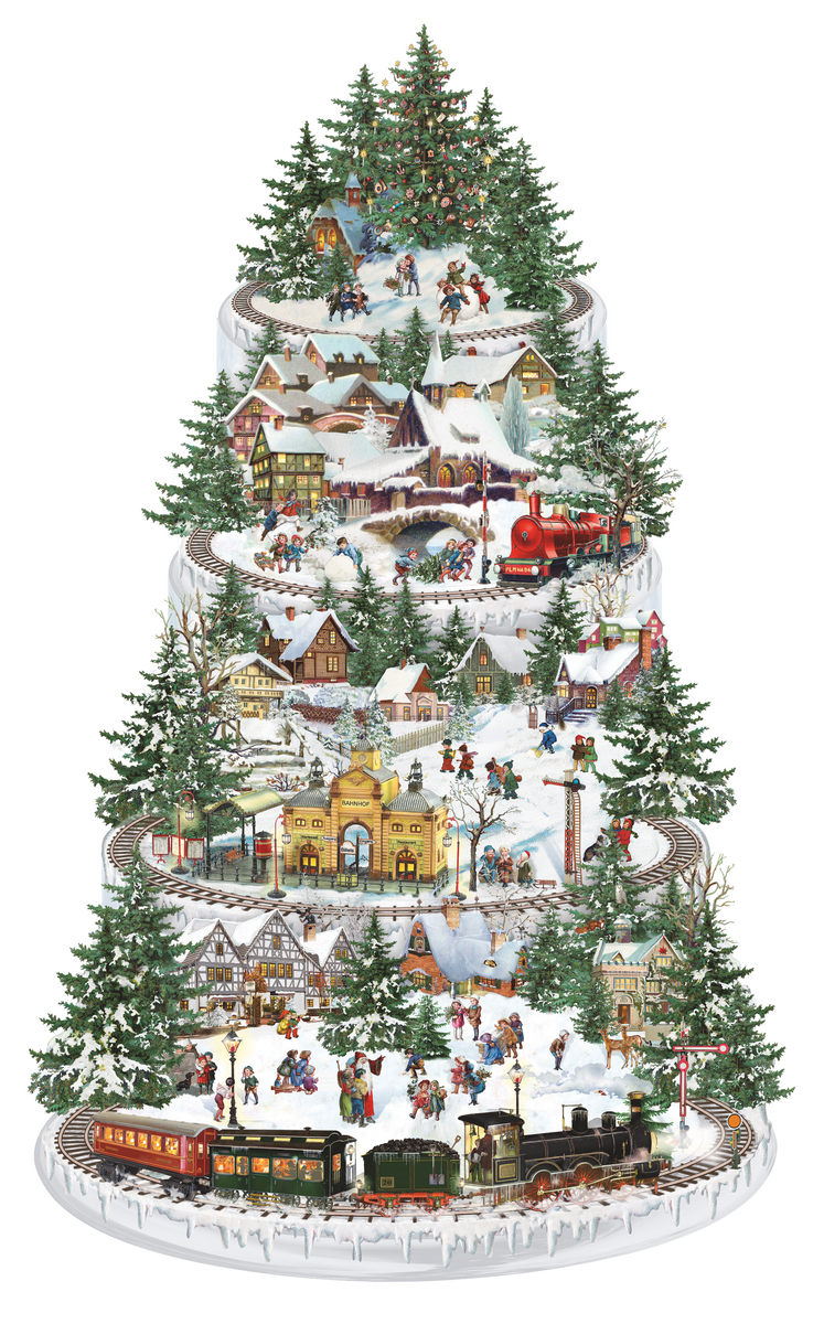 A decorative advent calendar depicting a vintage Christmas scene with trains, snow, and decorations, designed by Barbara Behr.