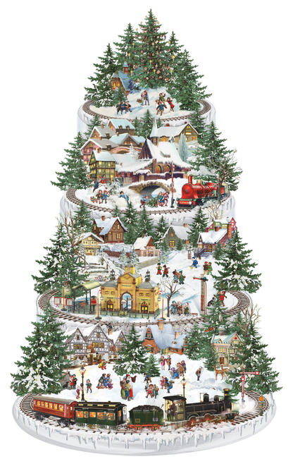 A decorative advent calendar depicting a vintage Christmas scene with trains, snow, and decorations, designed by Barbara Behr.