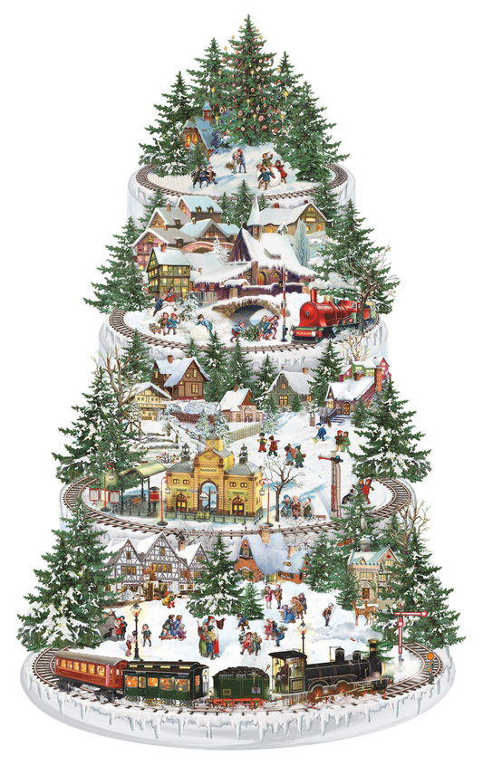 A decorative advent calendar depicting a vintage Christmas scene with trains, snow, and decorations, designed by Barbara Behr.