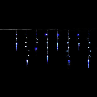 A string of blue and white LED icicle lights against a dark background.