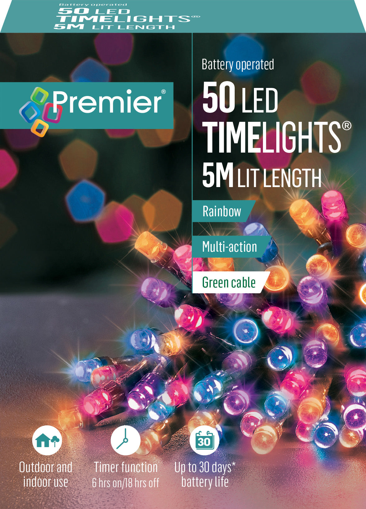 Premier TimeLights 50 Rainbow LED Battery Operated Christmas String Lights