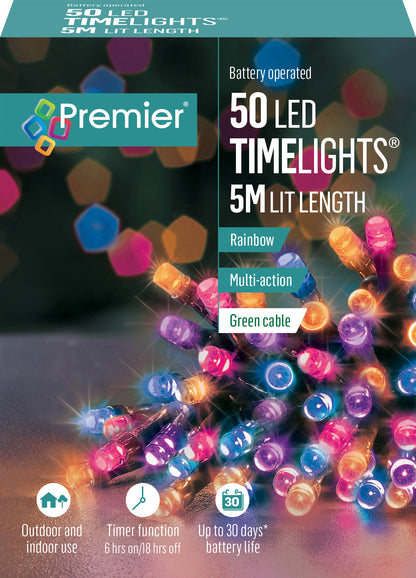 Premier TimeLights 50 Rainbow LED Battery Operated Christmas String Lights