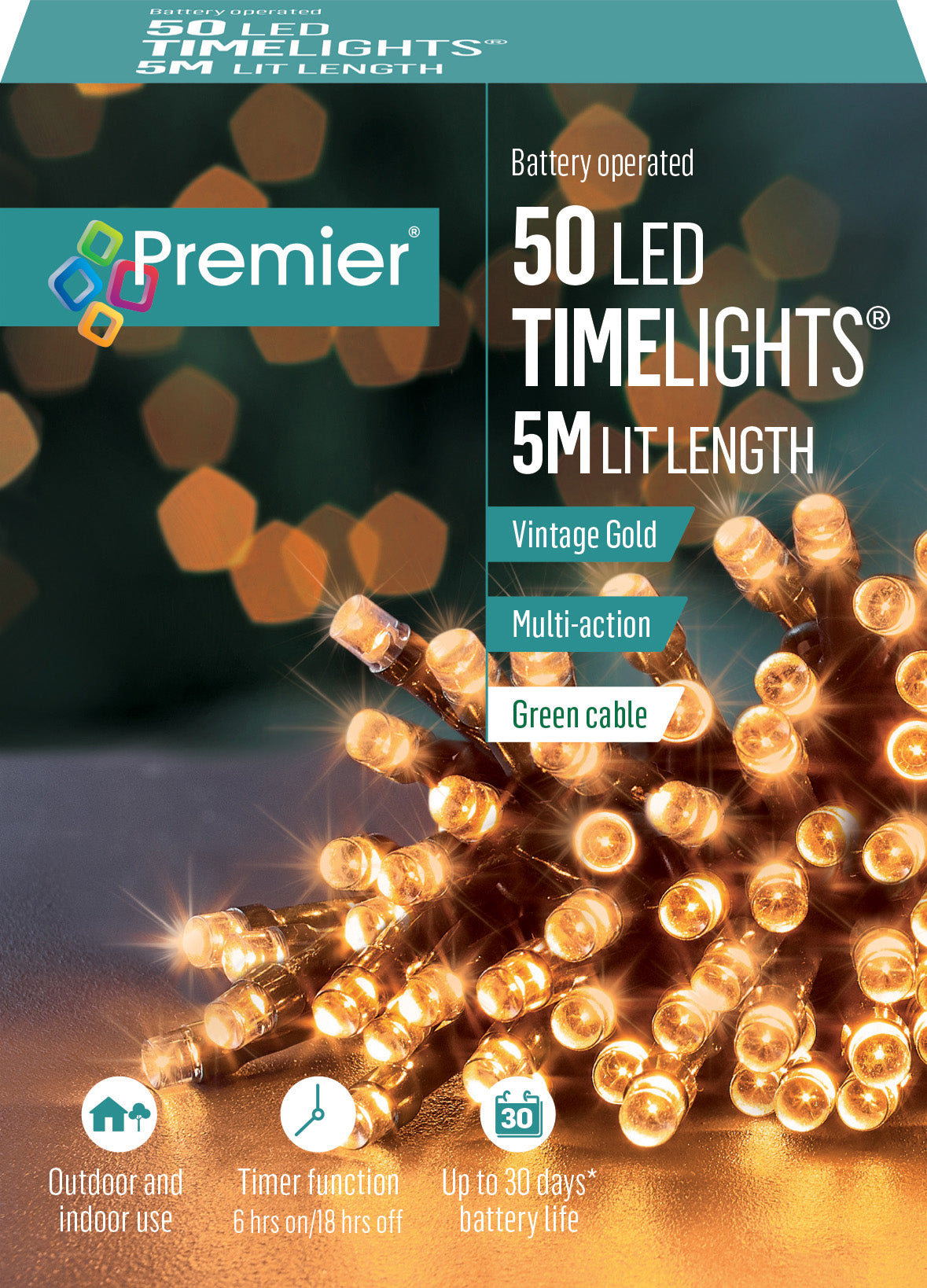 Premier TimeLights 50 Vintage Gold LED Battery Operated Christmas String Lights