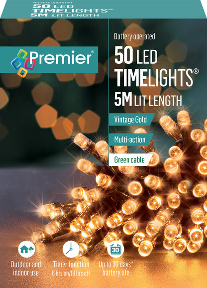 Premier TimeLights 50 Vintage Gold LED Battery Operated Christmas String Lights