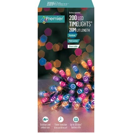 Premier TimeLights 200 Rainbow LED Battery Operated Christmas String Lights