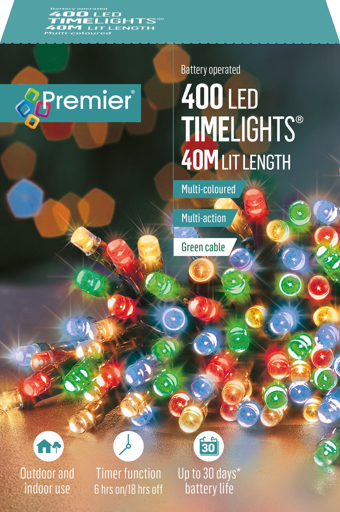 Premier TimeLights 400 Multi Coloured LED Battery Operated Christmas String Lights