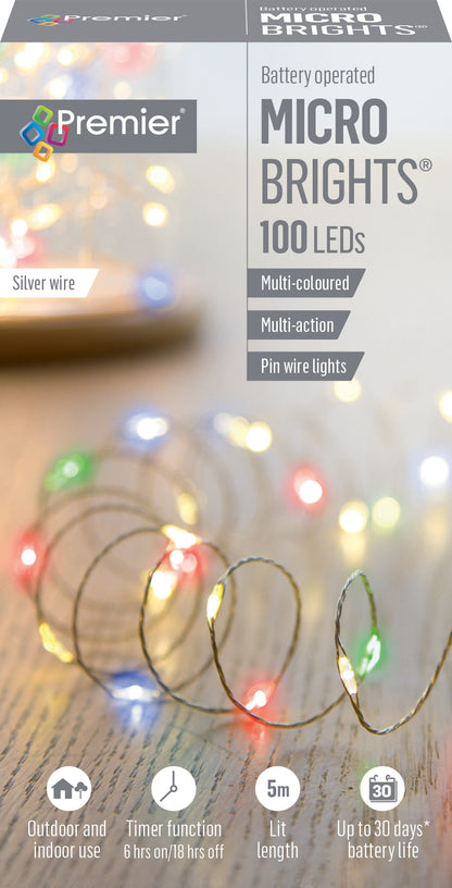 100 Multi Coloured Microbright LED Pin Wire Christmas Lights