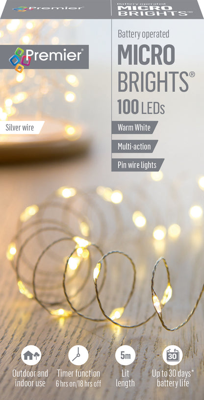 100 Warm White Microbright LED Pin Wire Christmas Lights