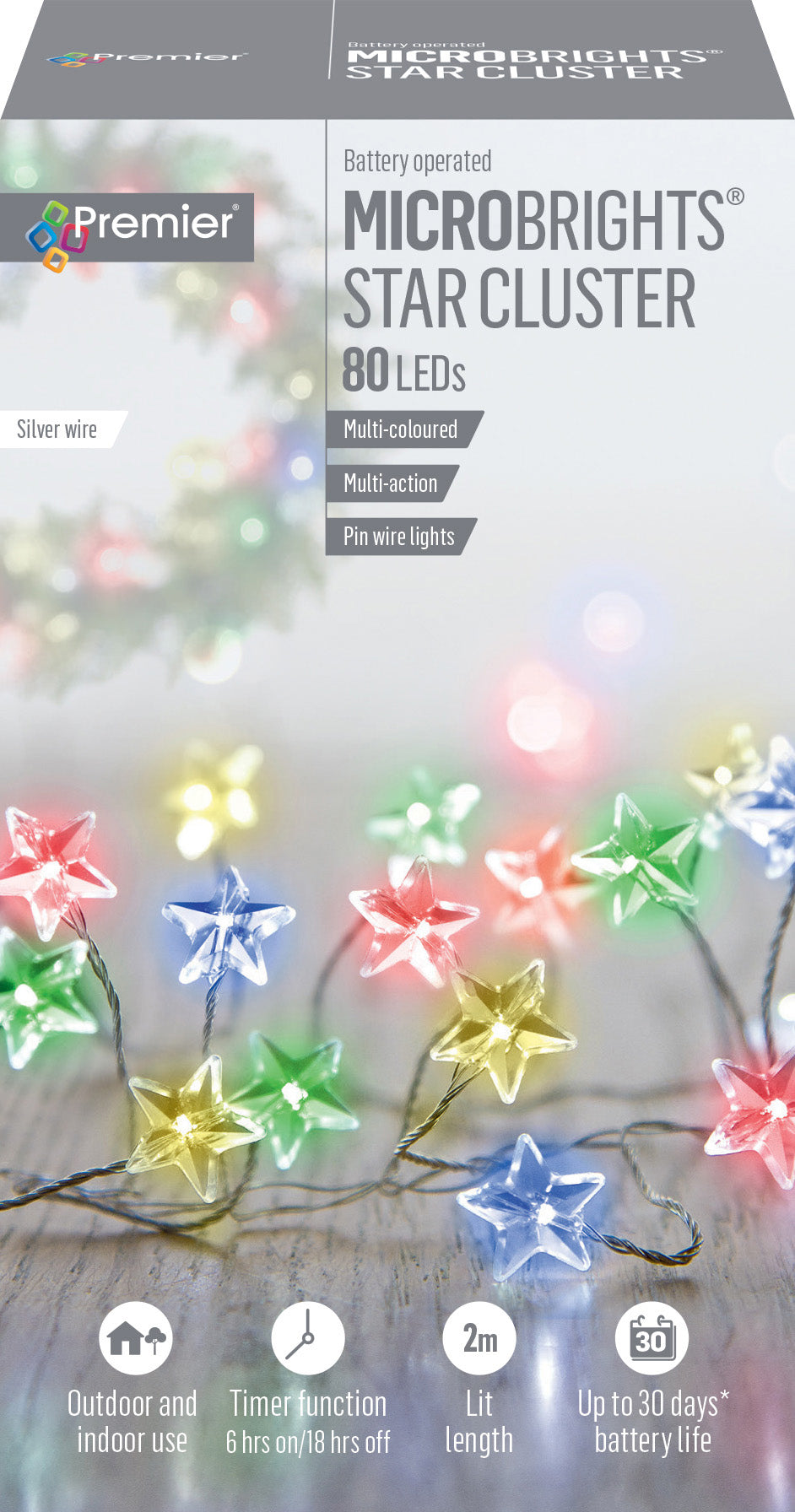 Premier 80 Microbrights Multi Coloured Star Christmas Cluster Lights