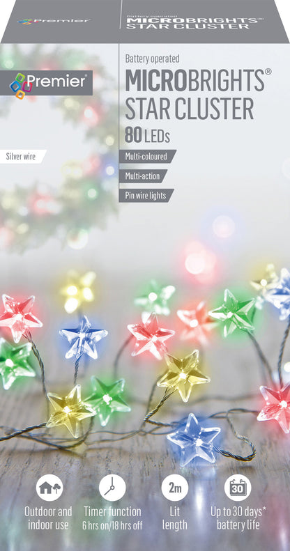 Premier 80 Microbrights Multi Coloured Star Christmas Cluster Lights