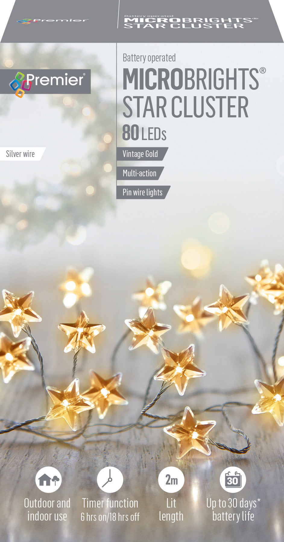 Premier 80 Microbrights Vintage Gold Star Christmas Cluster Lights