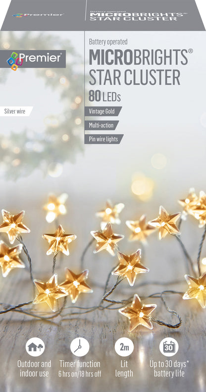 Premier 80 Microbrights Vintage Gold Star Christmas Cluster Lights