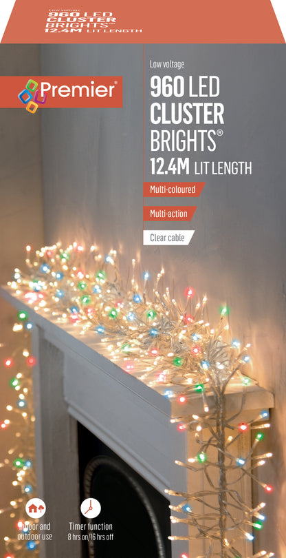 Premier 960 LED Cluster Brights Christmas Lights Multi Colour Clear Cable