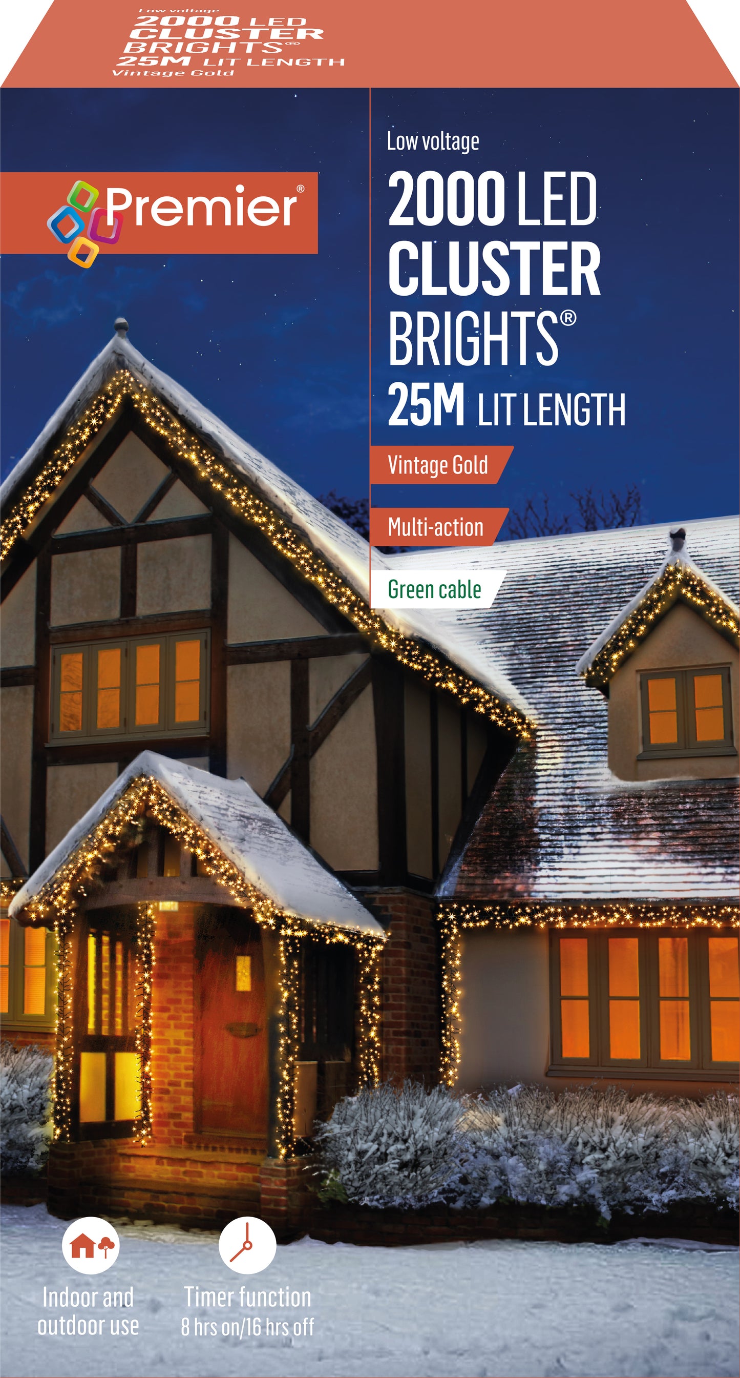 Premier 2000 LED Vintage Gold Cluster Brights Christmas Lights