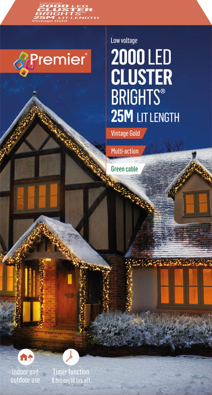 Premier 2000 LED Vintage Gold Cluster Brights Christmas Lights