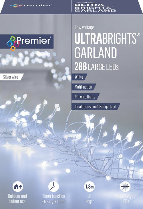 Premier Silver Ultrabright 1.8m Christmas Garland Pin Wire with 288 White LED Lights