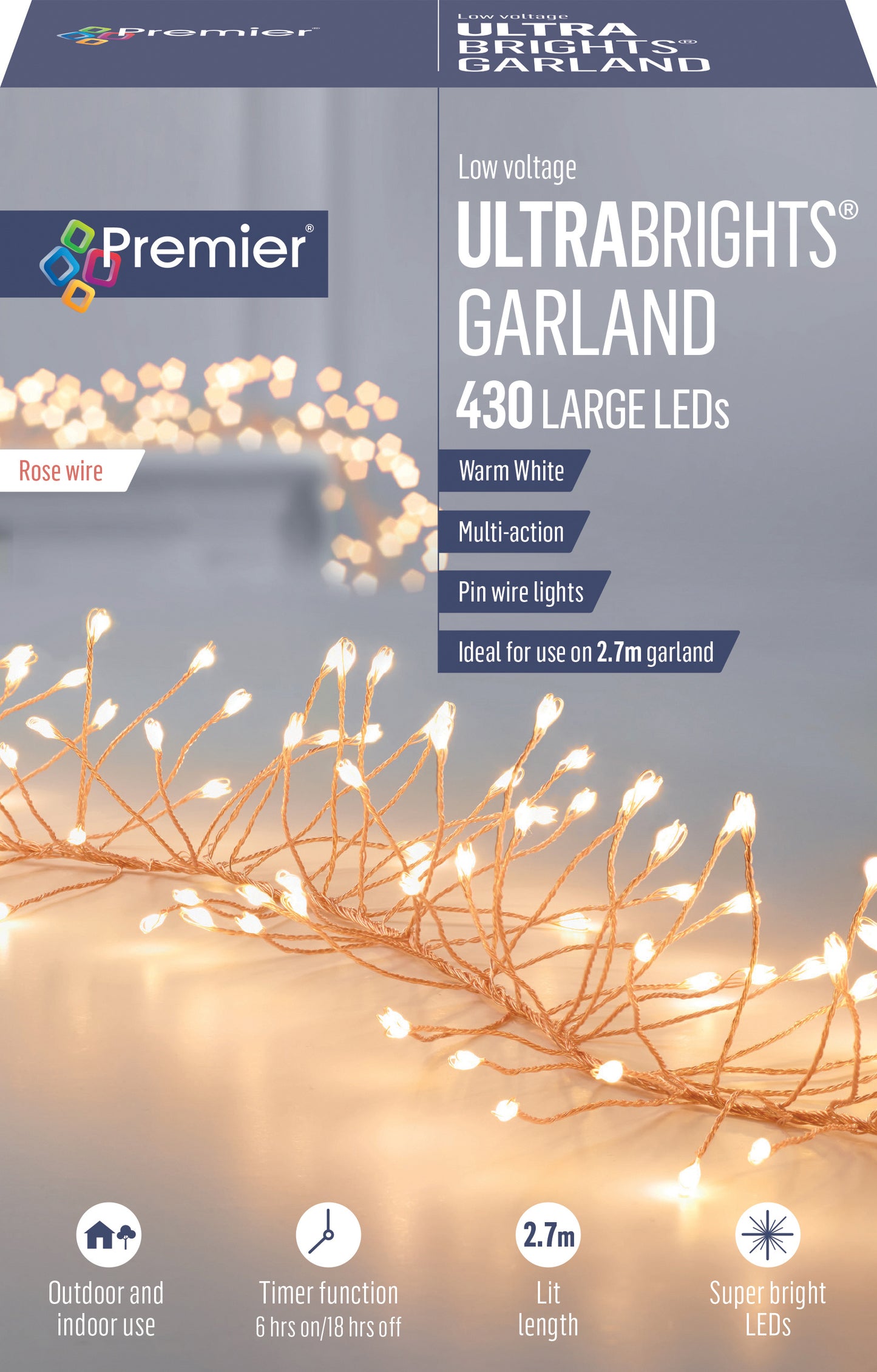 Premier Rose Gold Ultrabright 2.7m Garland Pin Wire with 430 Warm White LED Lights