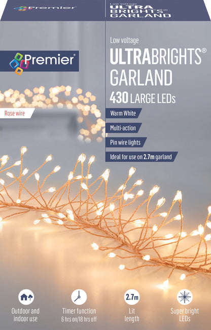 Premier Rose Gold Ultrabright 2.7m Garland Pin Wire with 430 Warm White LED Lights