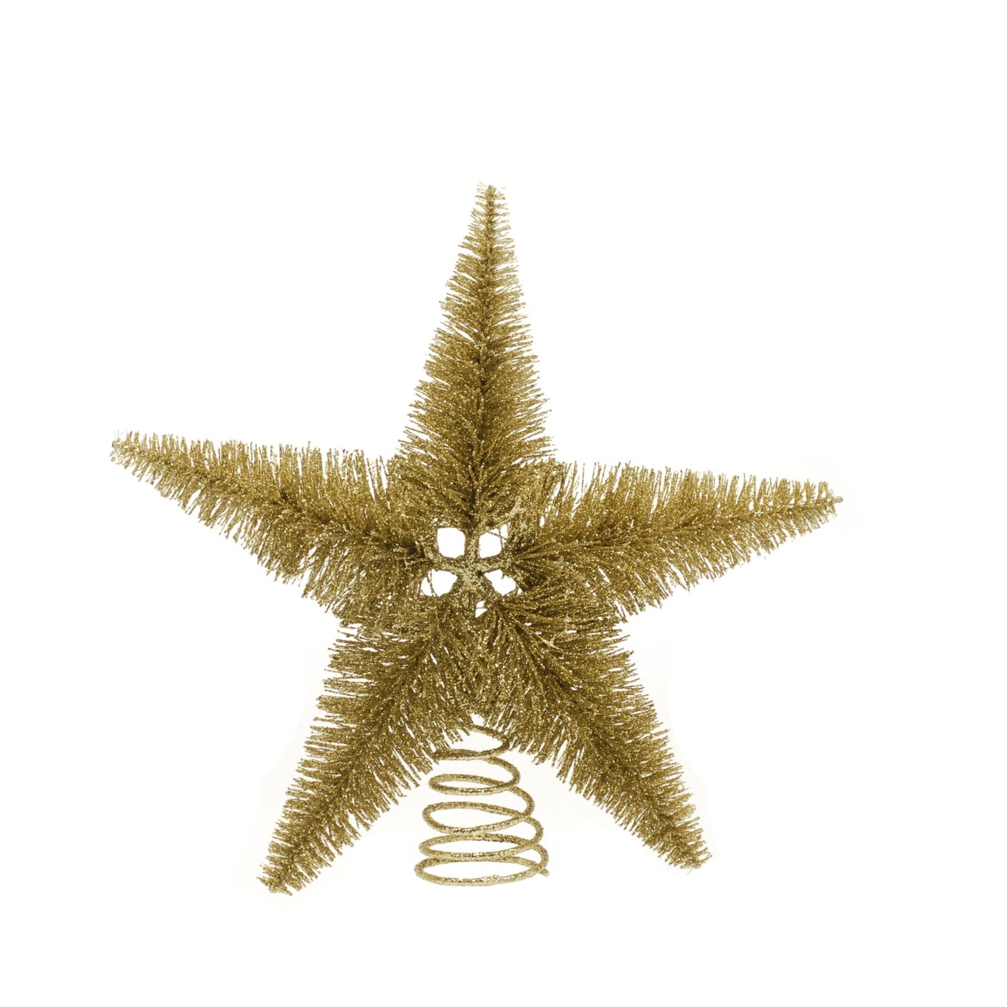 A gold bristle star-shaped Christmas tree topper with a glitter effect, placed against a white background.