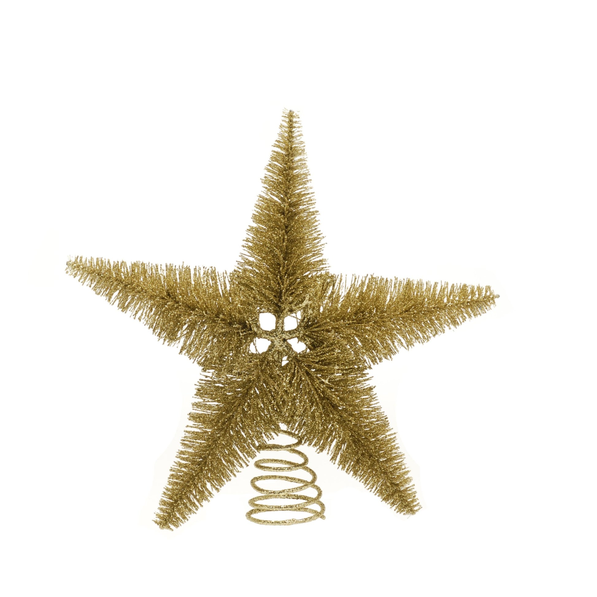 A gold bristle star-shaped Christmas tree topper with a glitter effect, placed against a white background.