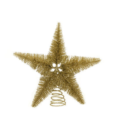A gold bristle star-shaped Christmas tree topper with a glitter effect, placed against a white background.