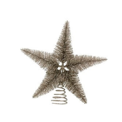A silver bristle star Christmas tree topper with a metallic finish and a spring-like structure at the bottom.