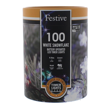 Festive 100 White Snowflake Battery Operated Christmas String Lights