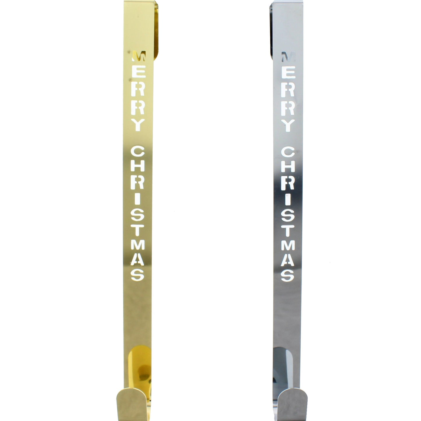 Two metal wreath hangers with 'Merry Christmas' and 'Christmas' text in gold and silver colors.