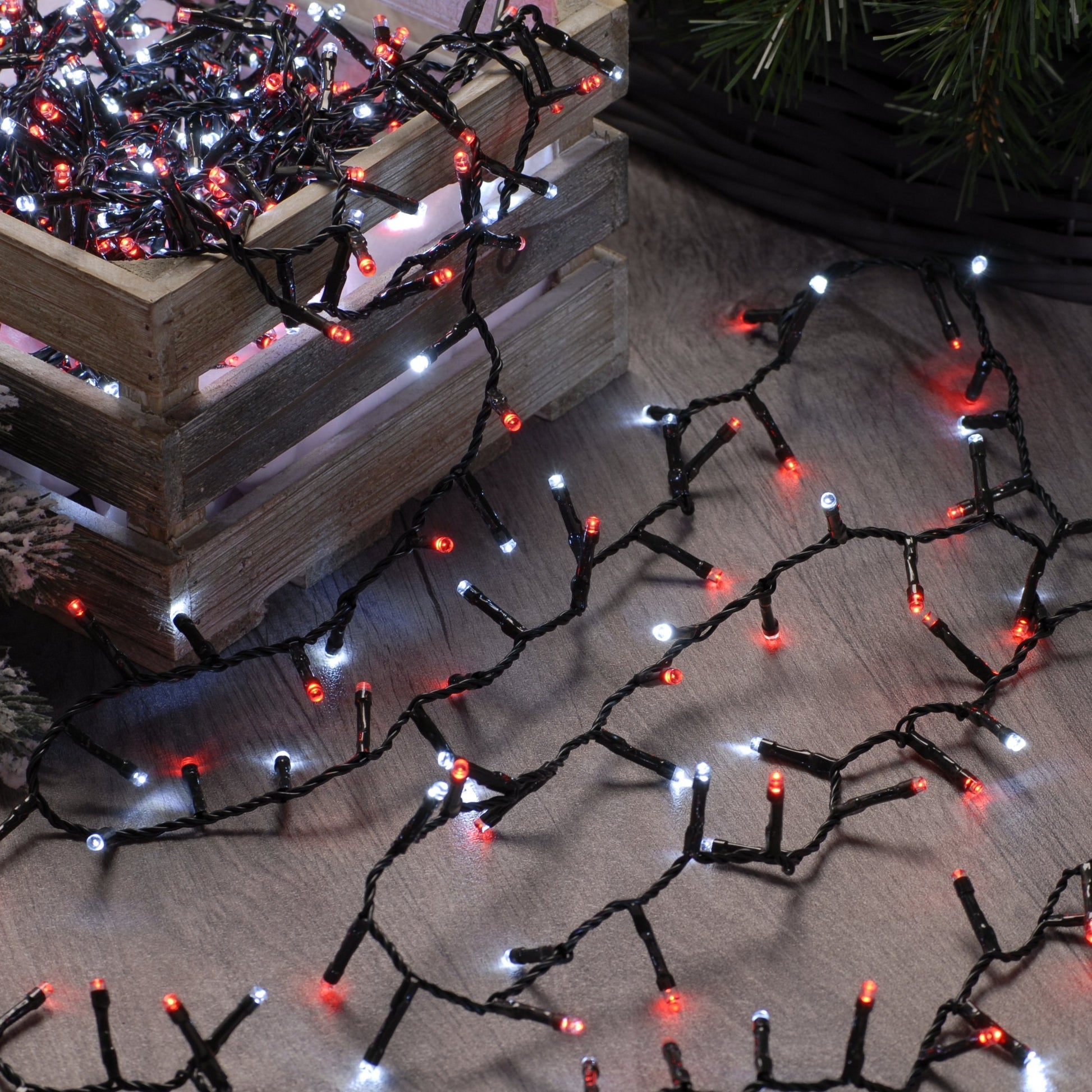 A string of red and white Christmas lights displayed on a wooden surface with a green Christmas tree in the background.