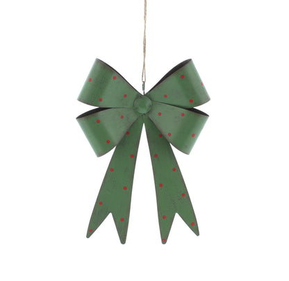 Green Metal Christmas Bow with Red Spots 25cm