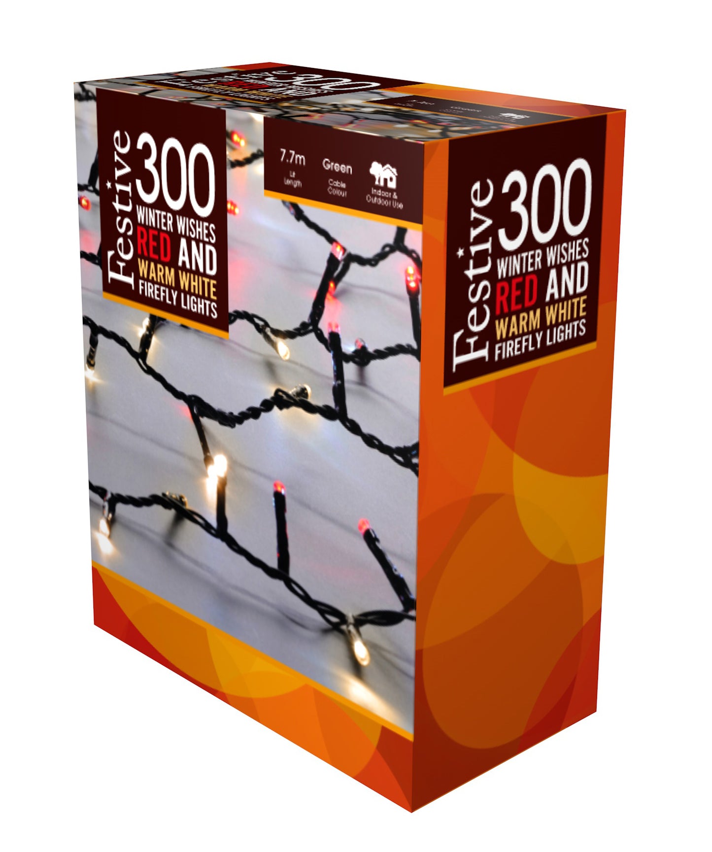 Packaging box for Festive 300 Winter Wishes Firefly Christmas Lights, showing the product image of the lights on a Christmas tree.