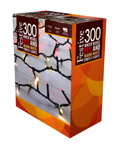 Packaging box for Festive 300 Winter Wishes Firefly Christmas Lights, showing the product image of the lights on a Christmas tree.
