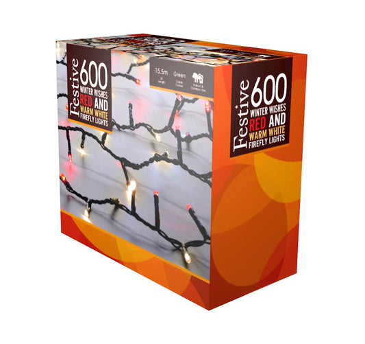Packaging box for Festive 600 Winter Wishes Christmas Firefly Lights with an image of the product which consists of red and white firefly-style LED lights on a Christmas tree.
