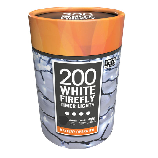 A cylindrical battery-operated LED light display container with '200 WHITE FIREFLY LIGHTS' text and a timer lights label on the front, predominantly orange and white with a gray section showing the product image.
