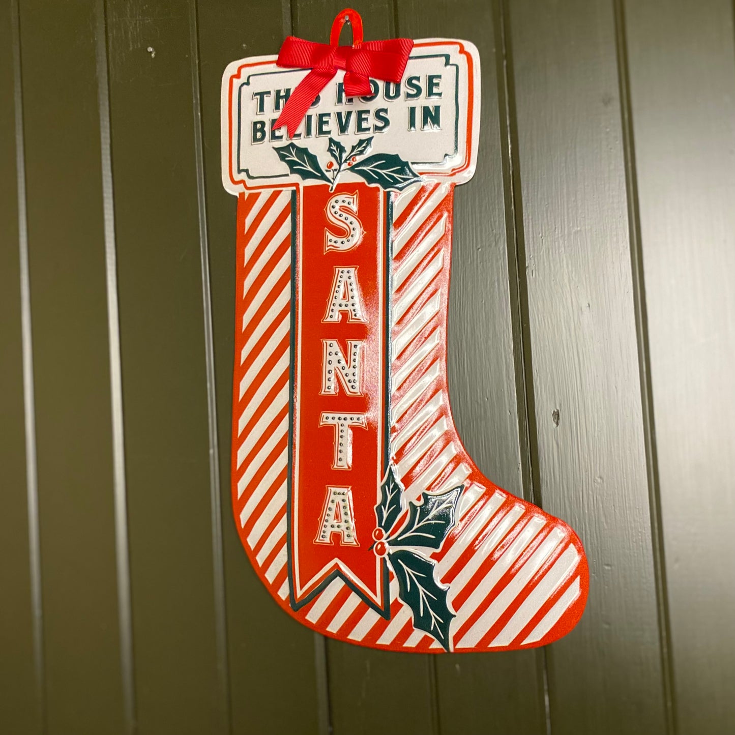 Vintage Style Red and White Stocking Shape Christmas Sign 39cm