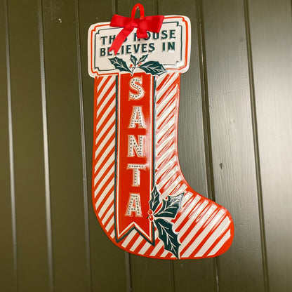 Vintage Style Red and White Stocking Shape Christmas Sign 39cm