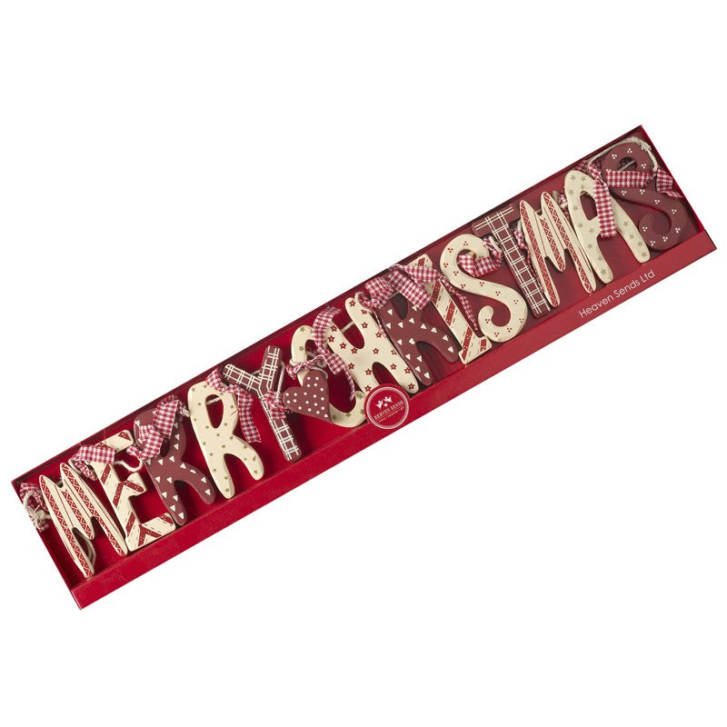 A wooden garland with 'Merry Christmas' text and decorative elements in red and white colors.