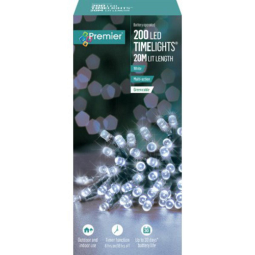 Premier TimeLights 200 White LED Battery Operated Christmas String Lights
