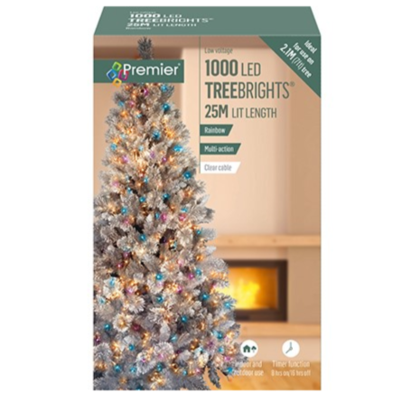 Premier TreeBrights 1000 Rainbow LED Christmas String Lights Clear Cable