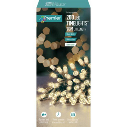 Premier TimeLights 200 Warm White LED Battery Operated Christmas String Lights