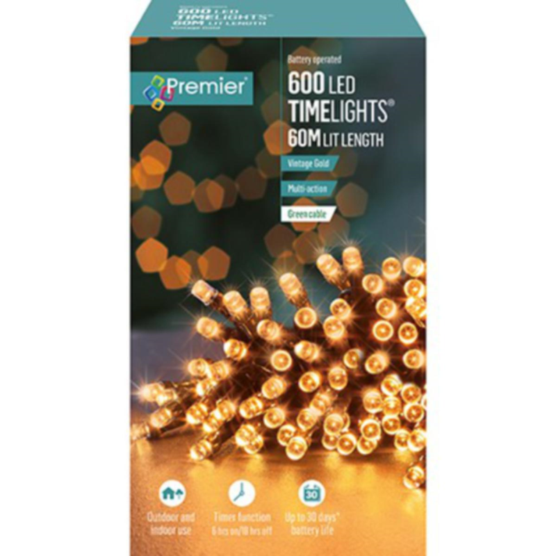 Premier TimeLights 600 Vintage Gold LED Battery Operated Christmas String Lights